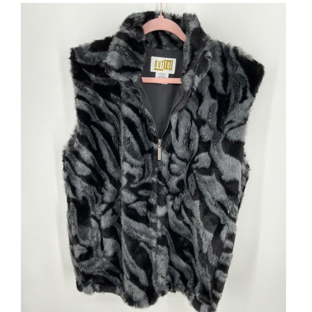 Duffel Medium Faux Fur Animal Print Zip Front Vest Gray Black Rocker Style